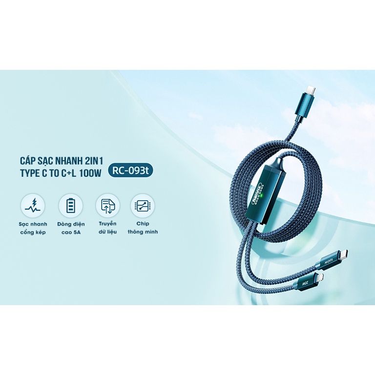 Cáp Sạc Nhanh Đa Năng 2in1 Type C to C+L 100W Remax RC-093T