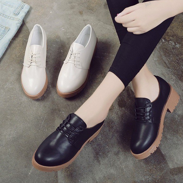 [TRỢ SHIP_RETRO] Giày oxford nữ đế thô 4 phân S162 đế vuông chắc, cột dây, cổ ngắn, trắng đen