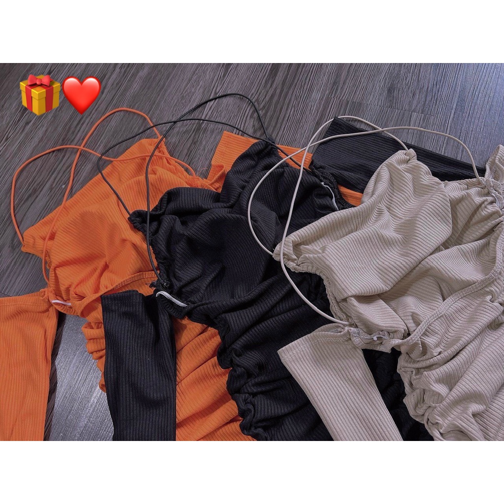 Đầm yếm tay dài đứt hở lưng chéo dây ôm body nhúm nhúm cực sexy , chất thun gân dày dặn