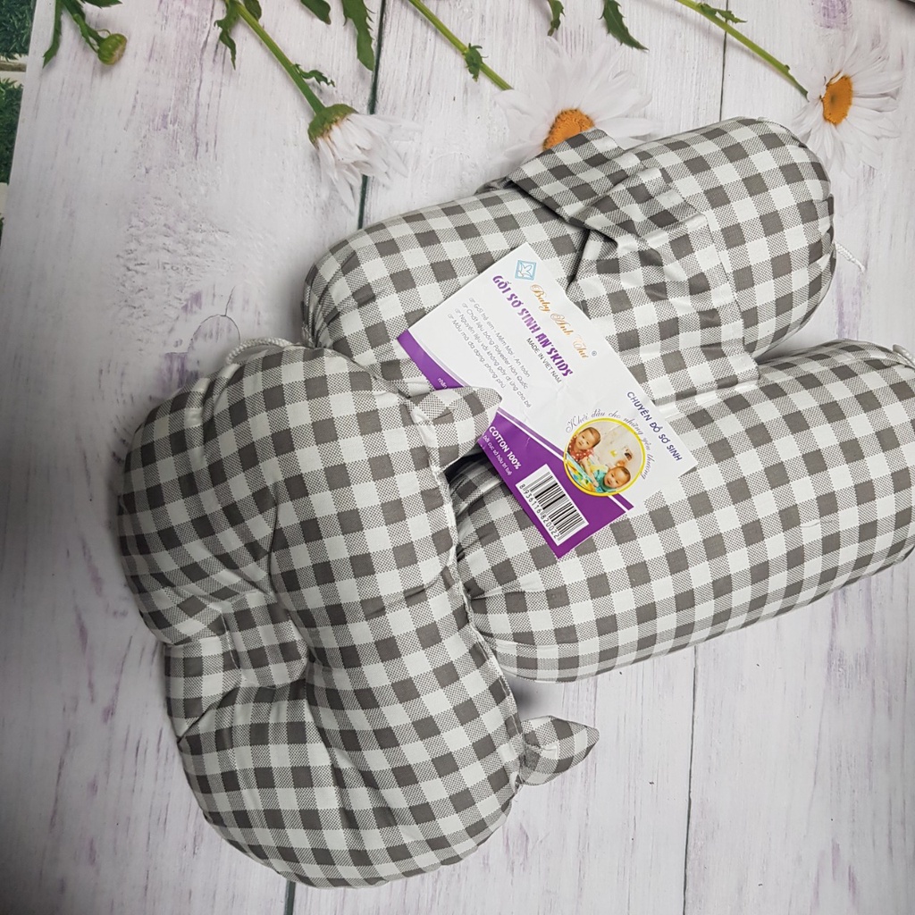 Gối chặn bông cho trẻ sơ sinh kèm gối chống méo đầu màu kẻ sọc