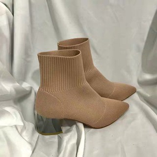 [ready stock]  Giày bốt nữ len cổ chun mới có 2 màu đen & kem, boot nữ gót cao 5 cm tôn dáng, dễ phối đồ, boots nữ Hàn Quốc hot 2020