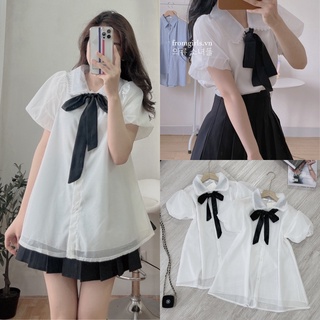 Áo sơ mi babydoll, áo sơ mi tay phồng thắt nơ cổ ren tiểu thư - SM25