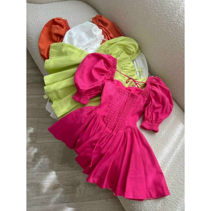 Đầm Kate Cổ Vuông Tay Ngắn Chạy Viền Thun Mẫu Trơn Dãng Xòe