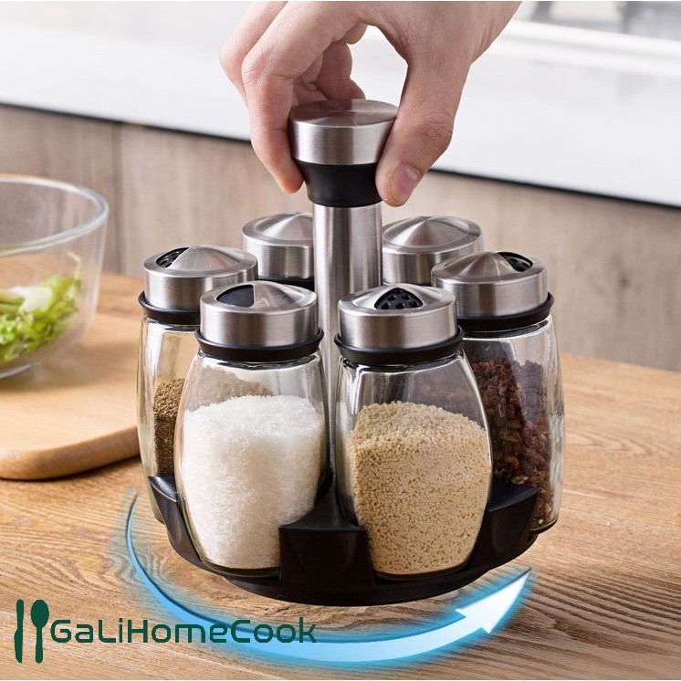 Bộ 6 lọ đựng gia vị thủy tinh kèm giá để xoay 360 độ GaliHomecook [FREESHIP-GIÁ CỰC SỐC]