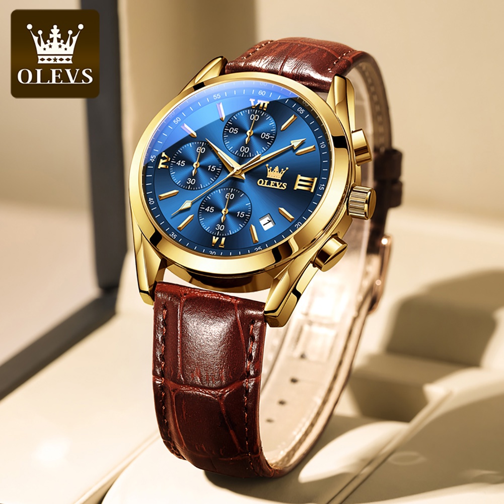 OLEVS 2872 Watch Men's Leather Strap Genuine Waterproof Luminous Wear-resistant Calendar Three-eye Chronograph Dial Multi-function Business Style