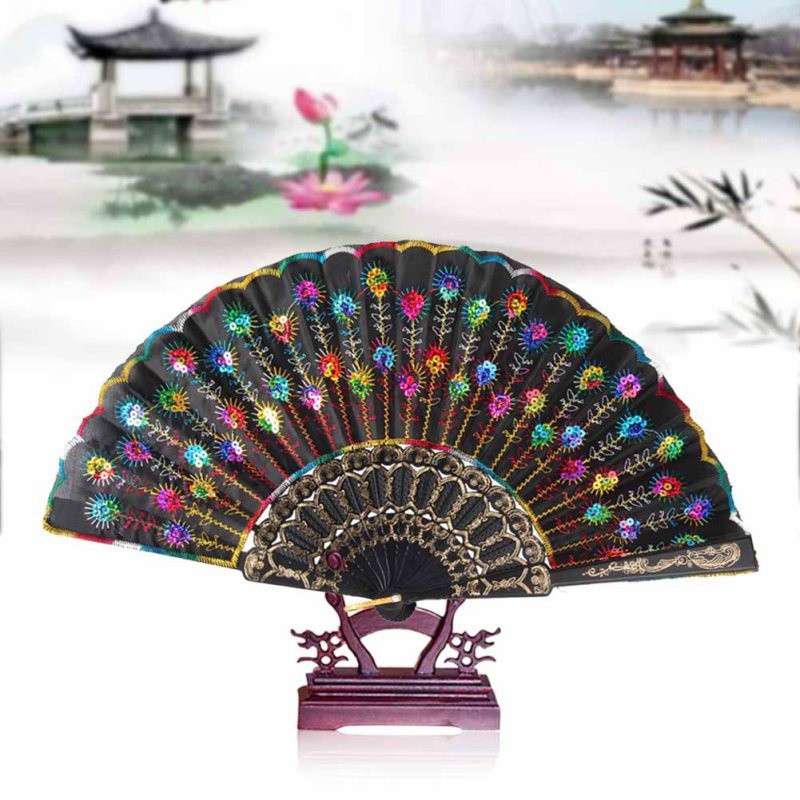 Quạt cầm tay họa tiết con công viền vàng sang trọng | BigBuy360 - bigbuy360.vn
