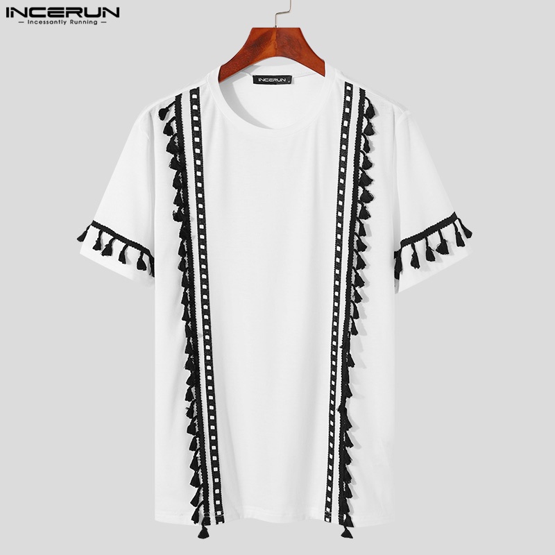 Áo thun INCERUN tay ngắn cổ tròn phối tua rua kiểu thổ cẩm thời trang dành cho nam
