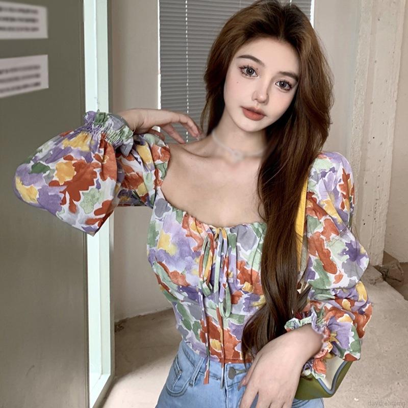 Áo Chiffon Nữ Tay Dài Cổ Vuông In Hoa Thời Trang