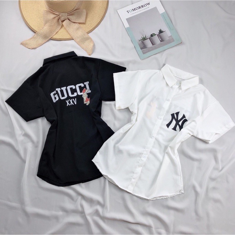 Áo sơ mi ôchữ hiệu bên ngực và sau lưng cực hot , chất kate lụa mềm mịn mát