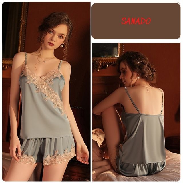 Bộ lụa mặc nhà 2 dây đồ ngủ nữ dễ thương gợi cảm quyến rũ - Sanado