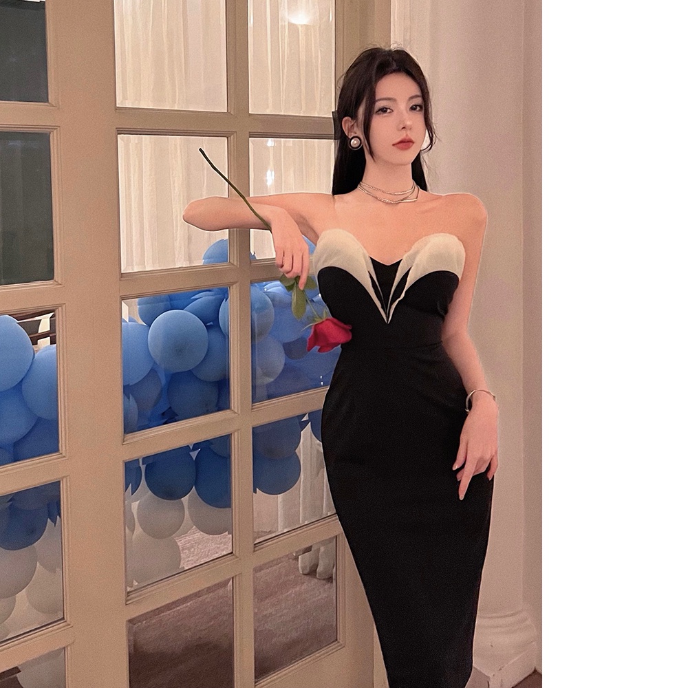 Đầm Dự Tiệc Màu Đen Cổ Chữ V Dáng Ôm Phong Cách Thời Trang Pháp Dành Cho Nữ