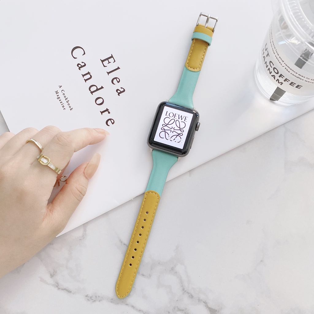 Dây đeo đồng hồ bằng da hai màu khâu 44mm 41mm 45mm 42mm 40mm 38mm thời trang thích hợp cho Iwatch serie 7 5 4 3 se 6