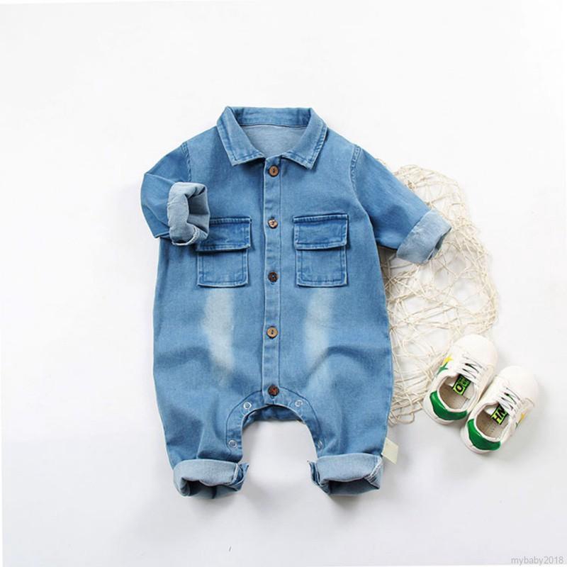 Bộ Áo Liền Quần Denim Dài Tay In Hoạt Hình Cho Bé