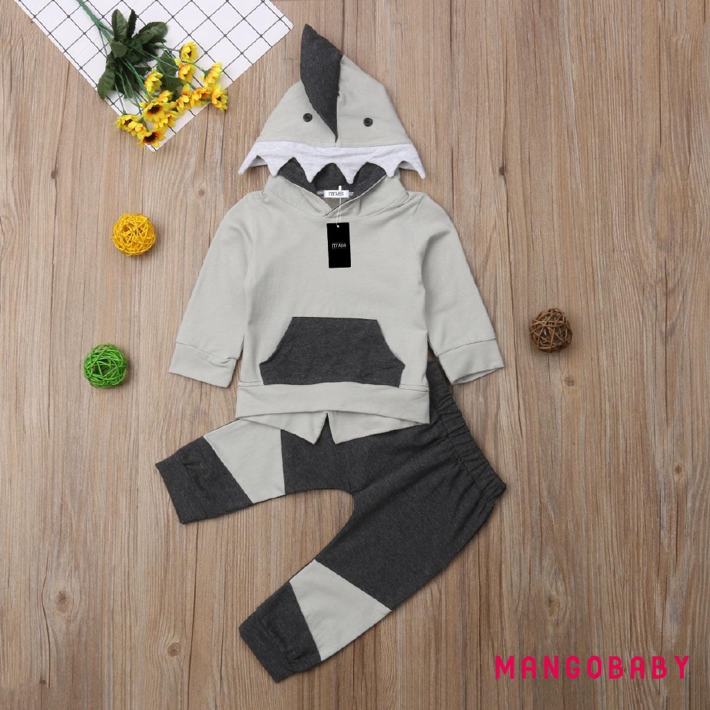 Set áo hoodie dài tay + quần dài họa tiết cá mập dễ thương cho bé