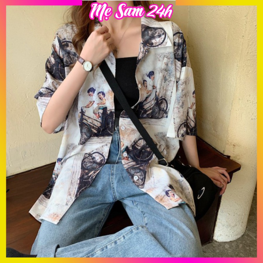 Áo sơ mi nữ form rộng tay lỡ freesize Mẹ Sam 24h, chất liệu đũi mềm mát, họa tiết in hình Xe Đạp SMH.43