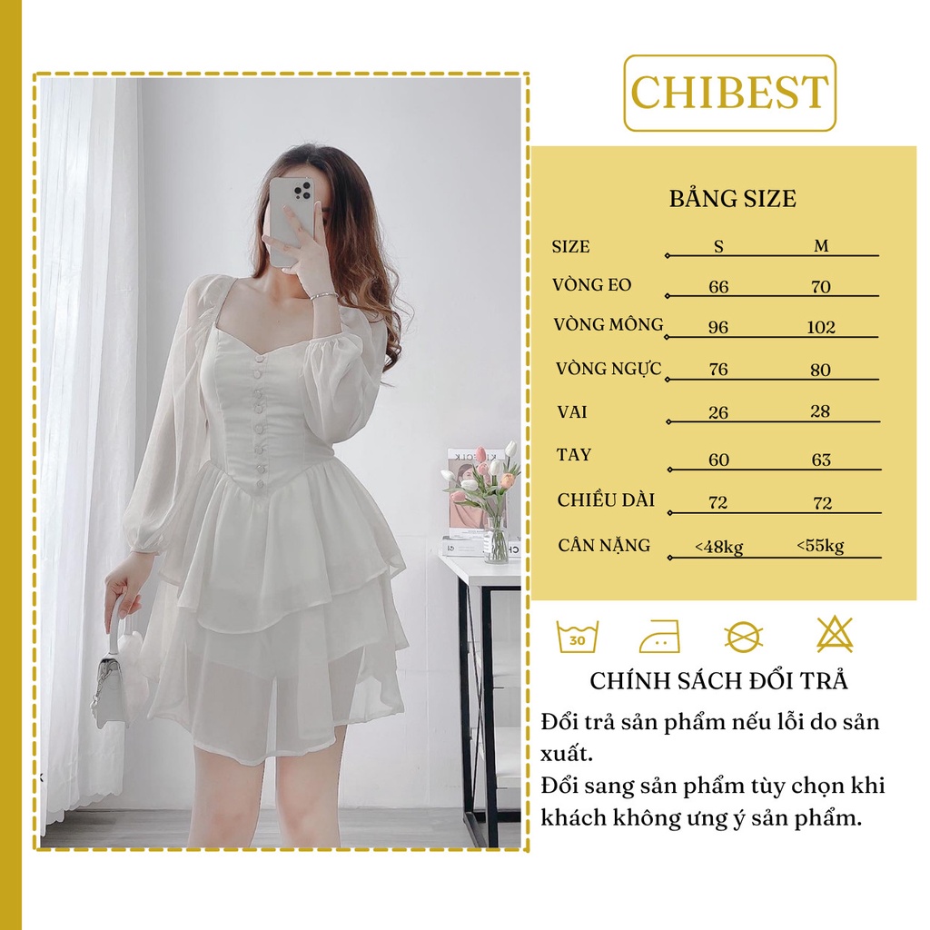 Đầm voan gân tiểu thư 2 tầng dài tay bồng nút giữa CHIBEST HDB417