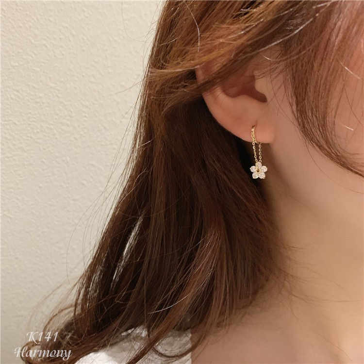 Khuyên tai nữ bạc mạ vàng, bông tai Falling Flower mặt hoa 5 cánh sang chảnh, nữ tính K141 TRANG SỨC BẠC HARMONY