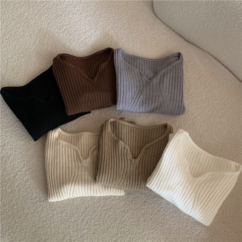 Áo Dệt Kim Ngắn Cổ Chữ V Tay Dài Dáng Ôm Dễ Phối Đồ 54738