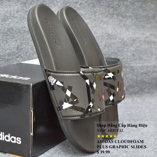 Dép Adidas Cloudfoam Plus Graphic màu đen quai đen sọc bóng trắng