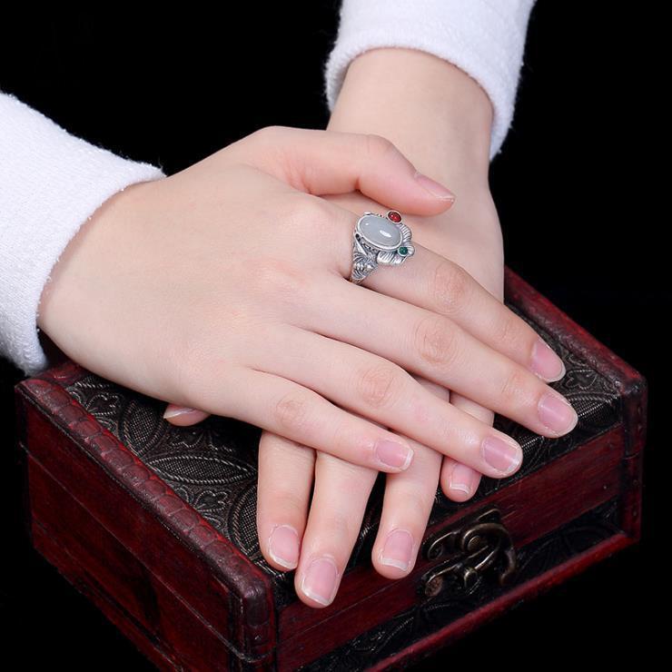 Nhẫn Bạc S925 Mặt Hình Lá Sen Đính Đá Ngọc Bích Trắng Thời Trang Cho Nữ A7 S925
