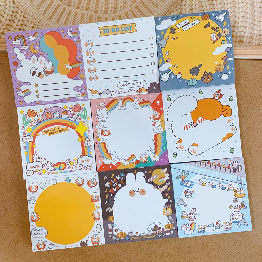 Giấy Note Pad Vuông Mini Ghi Chú Sổ Tay Thỏ Cam Cầu Vồng Vui Nhộn