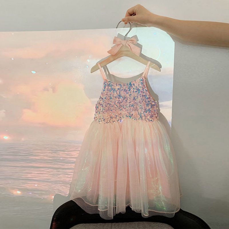 Đầm Hai Dây Phối Lưới Đính Kim Sa Lấp Lánh Thời Trang Mùa Hè Cho Bé Gái