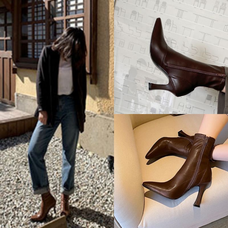 Giày boot cổ ngắn ôm chân đế 8cm màu nâu GBCN-28N