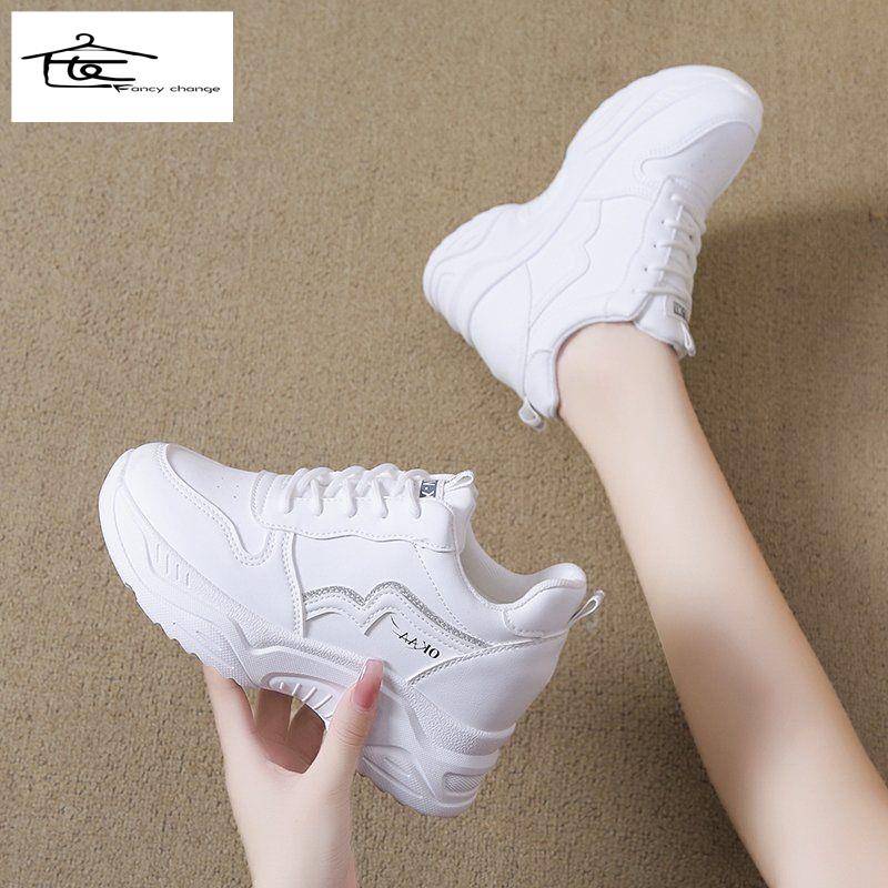 Giày Thể Thao Đế Dày Tăng Chiều Cao Màu Trắng Dễ Phối Đồ Thiết Kế Mới Thời Trang Mùa Thu Cho Nữ