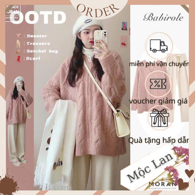(MộcLan ORDER) Áo len nữ MORAN vặn thừng màu hồng cổ V form rộng dài style điệu đà Hàn Quốc | BigBuy360 - bigbuy360.vn