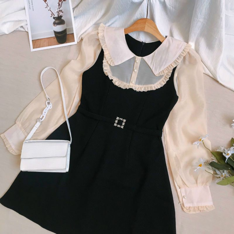 Đầm bố đen tay phối oganza