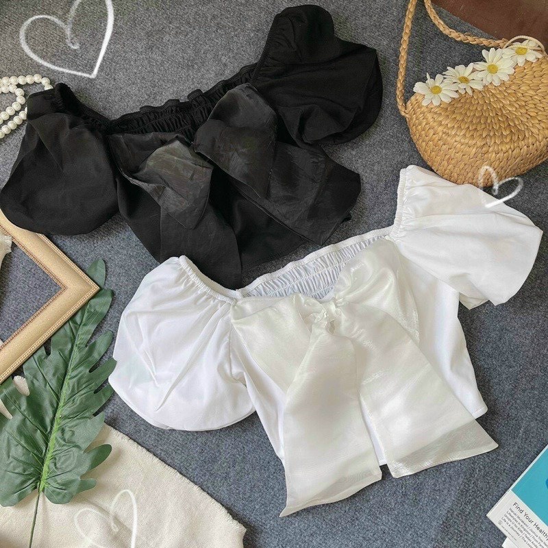 Áo kiểu nữ đính nơ voan trước ngực tay ngắn bồng nhún lưng Croptop vải kate thời trang nhẹ nhàng quyến rũ MC