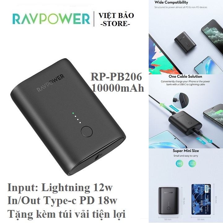 Pin sạc dự phòng Siêu Nhỏ RAVPower RP-PB206 10000mAh In out PD 18w