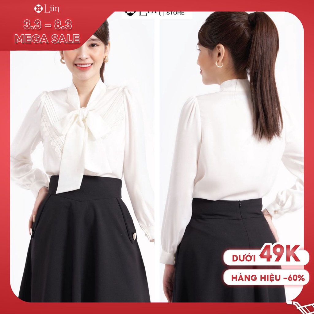 Áo kiểu nữ thiết kế dài tay màu trắng phối thắt nơ kiểu dáng trẻ trung, sành điệu Liin Clothing SM4010