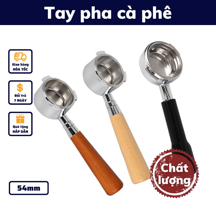 Tay pha cà phê 54mm inox cao cấp thủng đáy tay pha tamper cafe nguyên chất cán gỗ sồi cẩm lai chuyên dụng cho quán