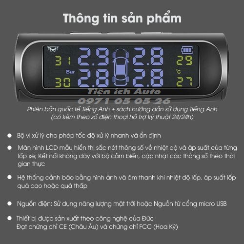 Cảm biến áp suất lốp TPMS màn hình led màu - Bản quốc tế | tienich_auto
