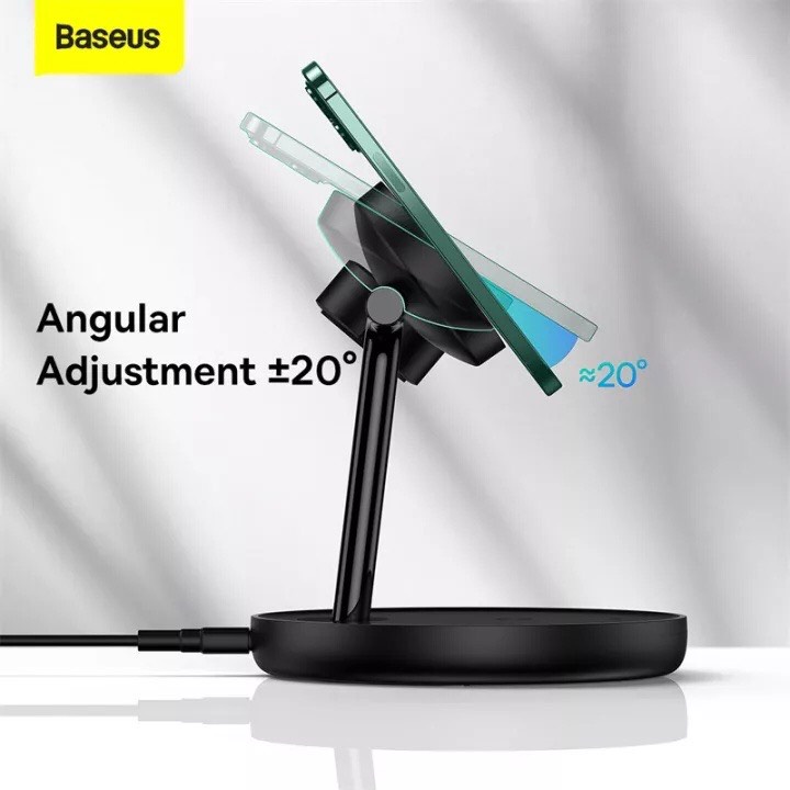 Đế sạc không dây từ tính Baseus Swan 3 in 1 nhanh 20W cho điện thoại, tai nghe, đồng hồ có thể điều chỉnh góc đế sạc.