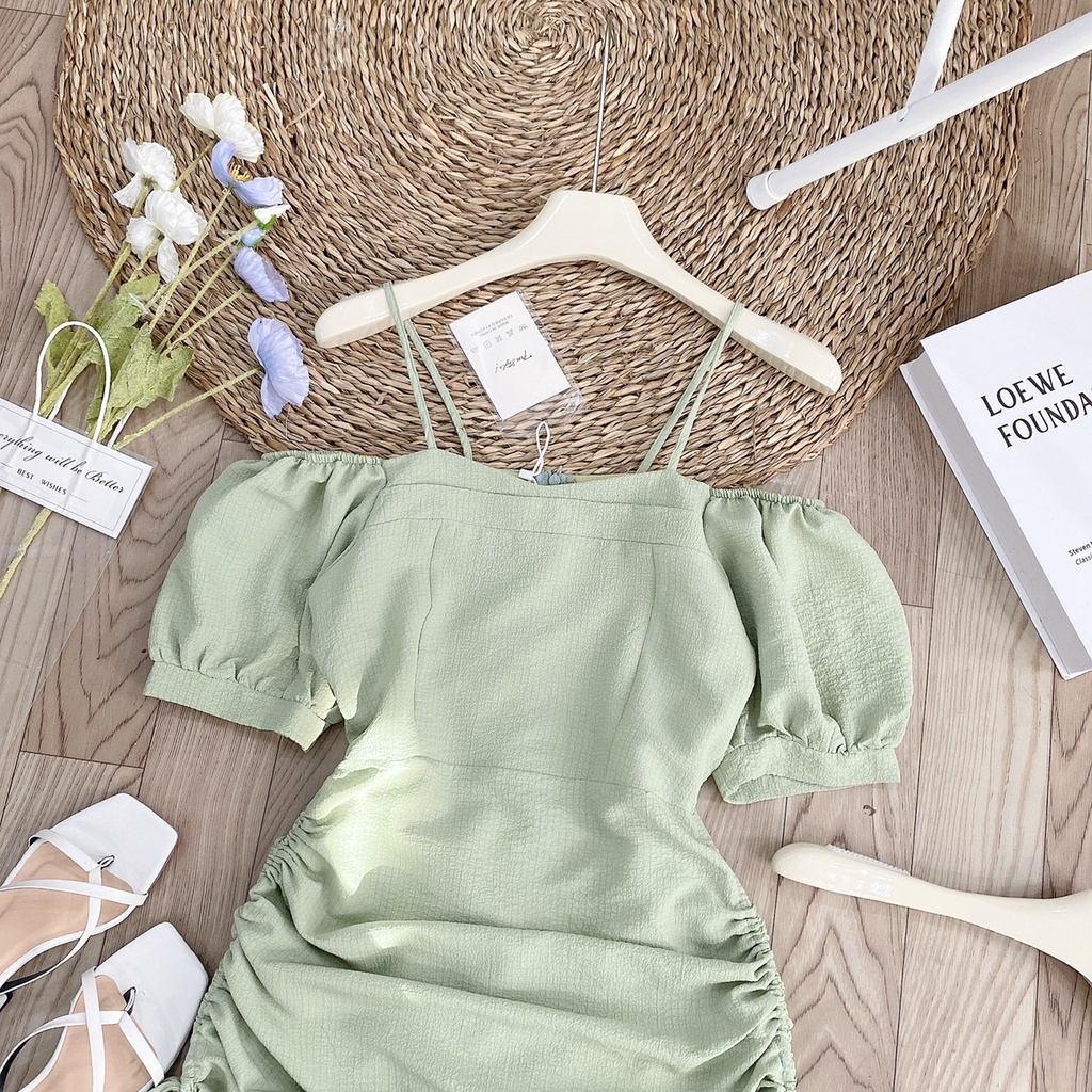 Váy trễ vai rút dây điều chỉnh độ dài ,đầm vải xốp hạt đẹp -Minxy shop