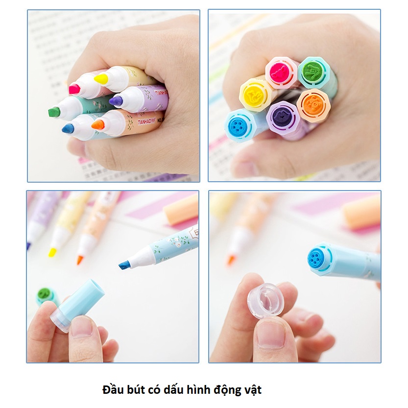 Bút dạ quang đánh dấu nhớ dòng ghi chú 6 màu có đầu đóng dấu hình động vật ngộ nghĩnh