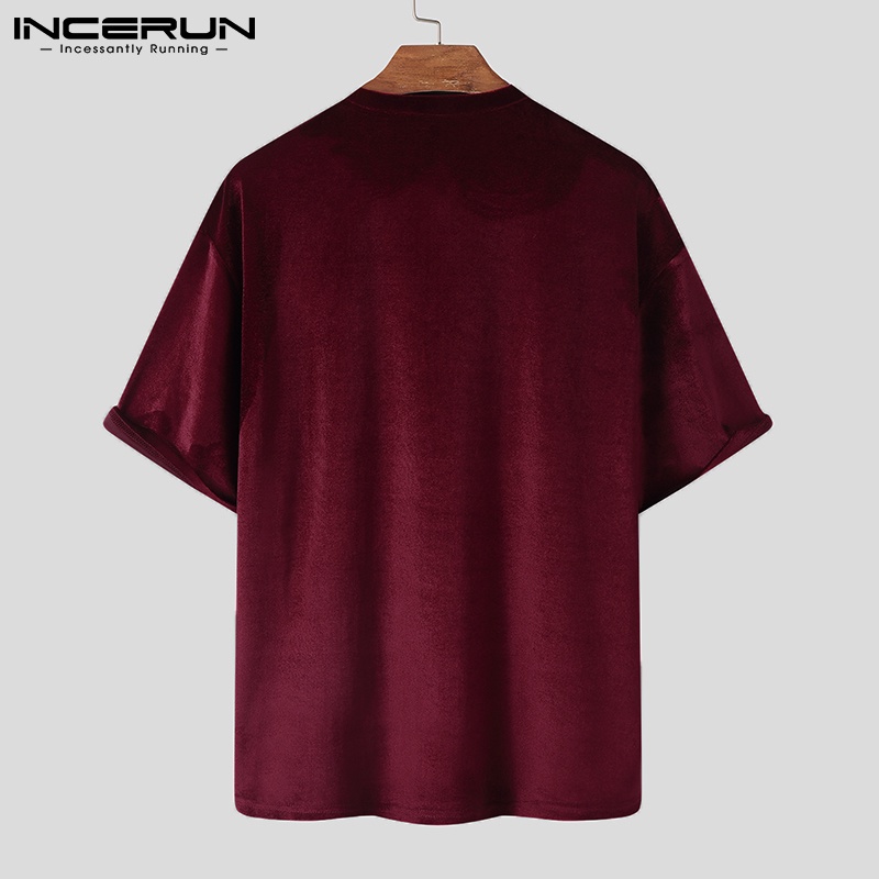 Áo INCERUN vải nhung dáng rộng tay ngắn cổ tròn màu trơn thời trang cho nam