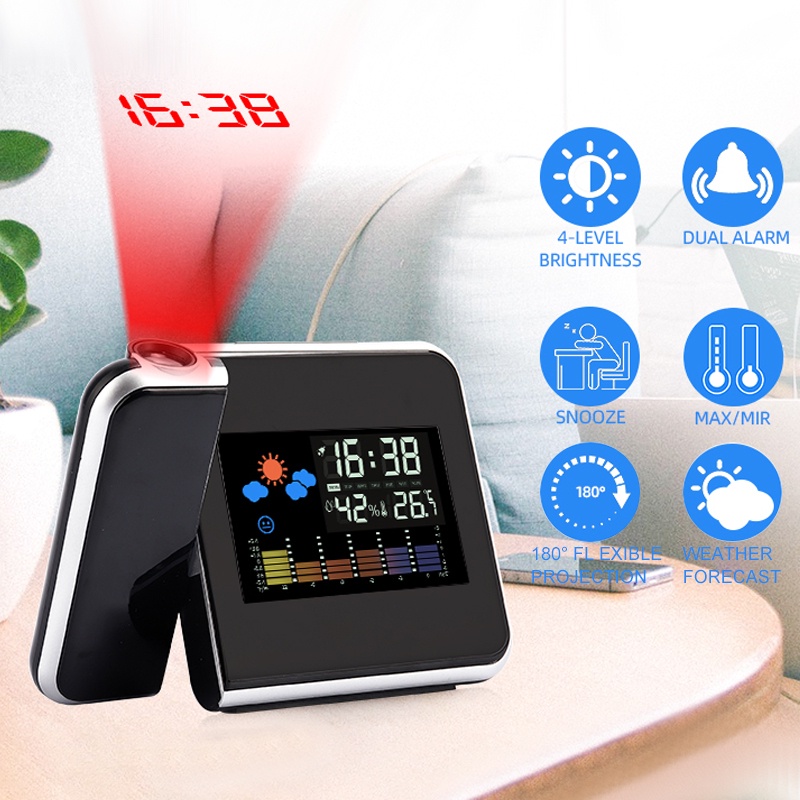 Đồng Hồ Để Bàn Tích Hợp Đèn Led Chiếu Giờ / Nhiệt Độ Có Cổng Sạc Usb Đen