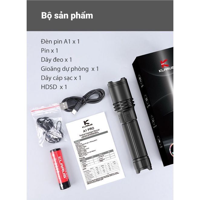 Đèn pin KLARUS A1 Pro độ sáng 1300 lumen chiếu xa 230 mét cổng sạc USB-C pin 18650 2600mAh