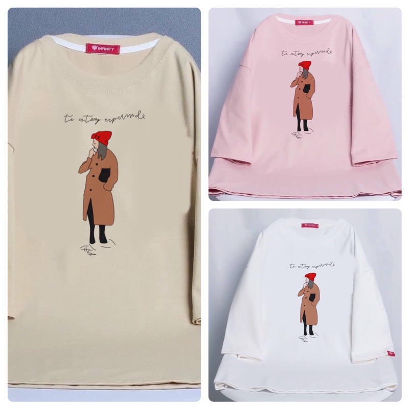 [Giá Huỷ Diệt] Áo cotton tay lỡ dáng rộng unisex cô gái đội mũ đỏ
