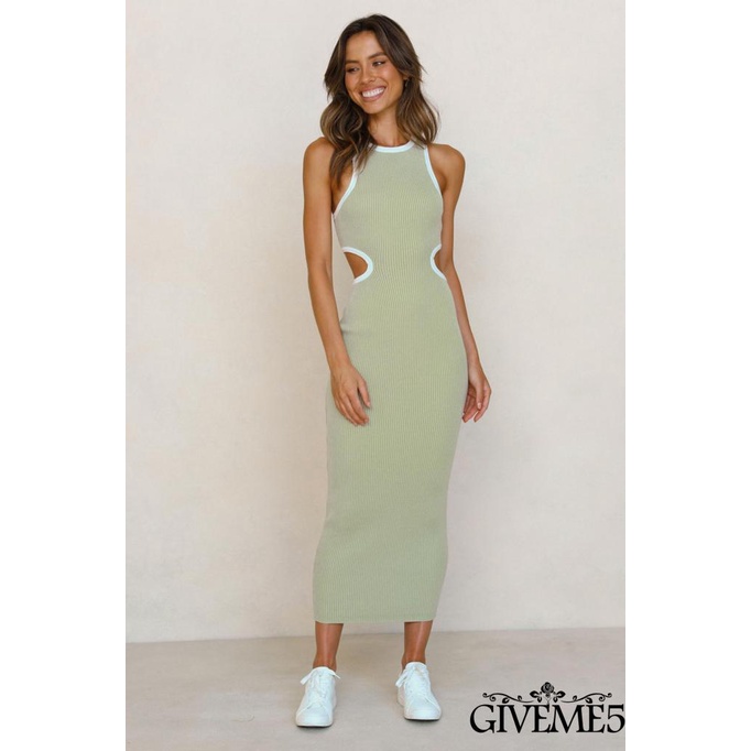 Đầm Dệt Kim Sát Nách Cổ Tròn Khoét Lưng Dáng Dài Ôm Sát Màu Sắc Tương Phản Cho Nữ