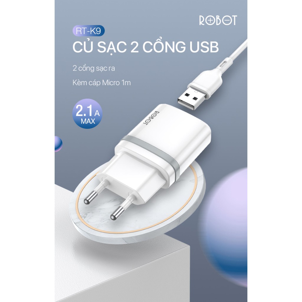 5V 2.1A, Cốc Sạc 2 Cổng USB ROBOT RT-K9 2.1A Kèm Cáp Micro 1m