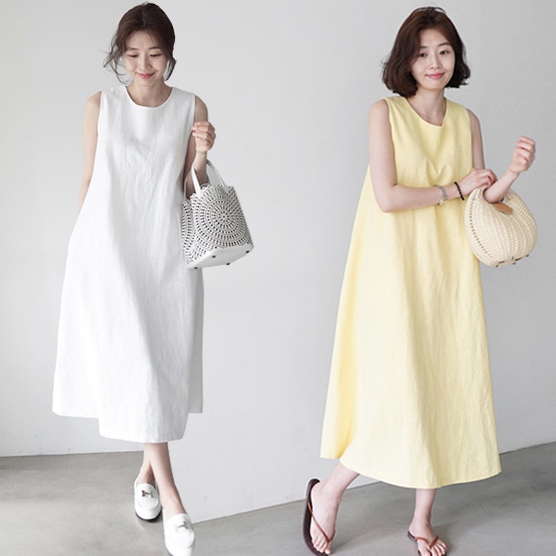 IELGY IELGY Đầm cotton Lanh Sát Nách Dáng Rộng Thời Trang Hàn Quốc Cho Nữ