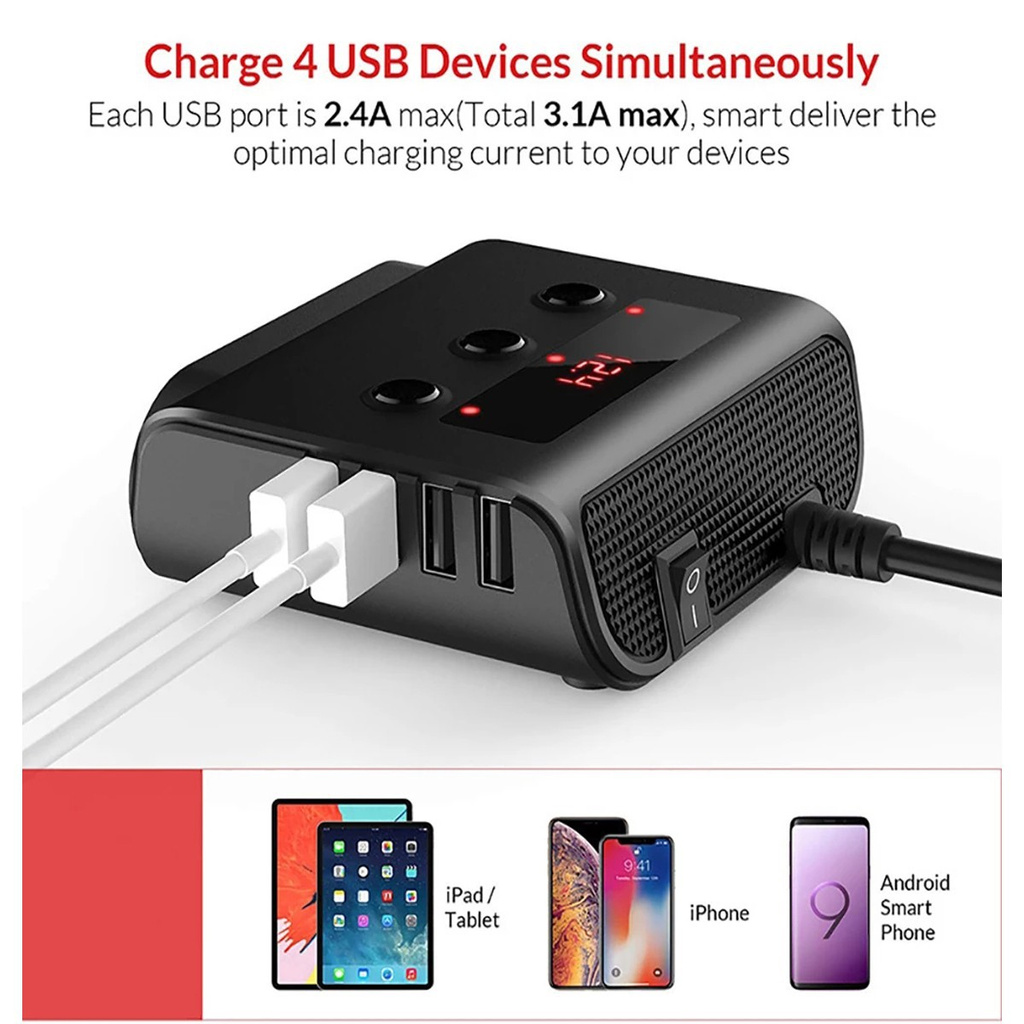 Featured 12 / 24V Universal TR12 Car Plugs Splitter Cigarette Lighter 4 Port USB Charger Power Adapter LED Display for Phone / iPad / DVR