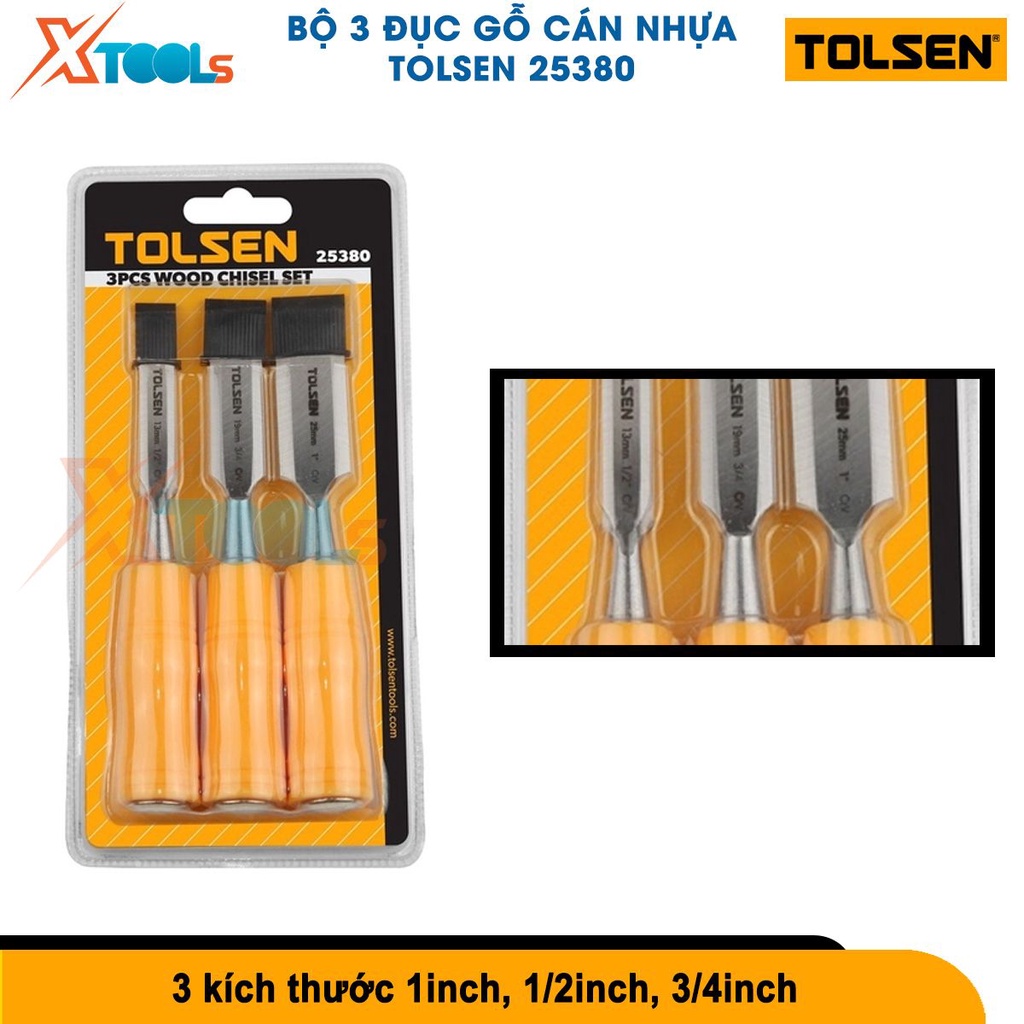Bộ 3 đục gỗ Tolsen 25380 thép Cr-V rắn chắc, 3 kích thước 1, 1/2, 3/4 inch, tay cầm nhựa chắc chắn [CHÍNH HÃNG][XTOOLS]