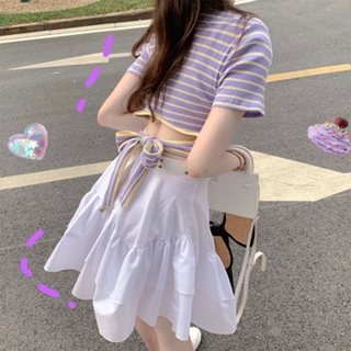 Bộ Áo Thun Ngắn Tay Sọc Ngang + Chân Váy Lưng Cao Cùng Màu (Miễn Phí Giao Hàng)