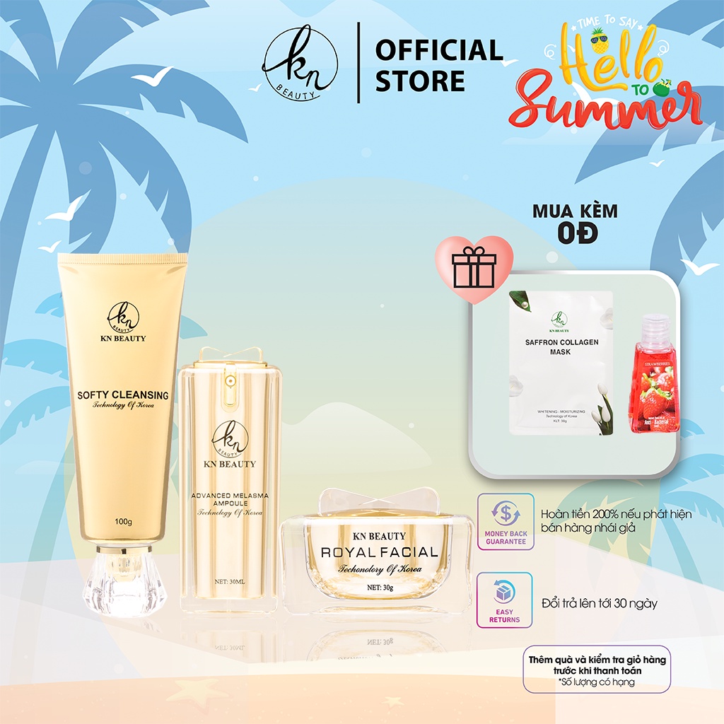 Bộ 3 sản phẩm Royal KN Beauty: Sữa rửa mặt 100g +tinh chất dưỡng 30ml+ kem dưỡng 30g( tặng mặt nạ +gel rửa tay )