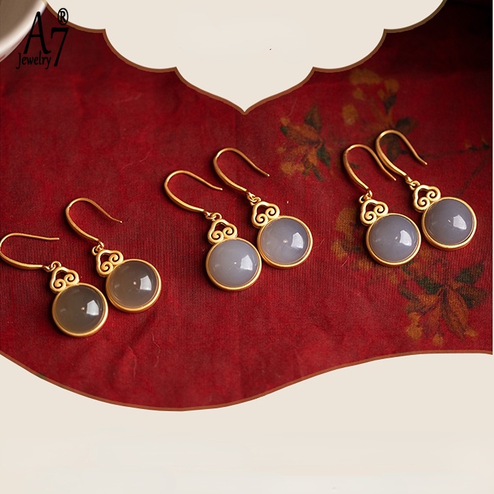 Bông Tai Bạc A7 Đính Ngọc Bích Phong Cách Trung Hoa Cổ Điển